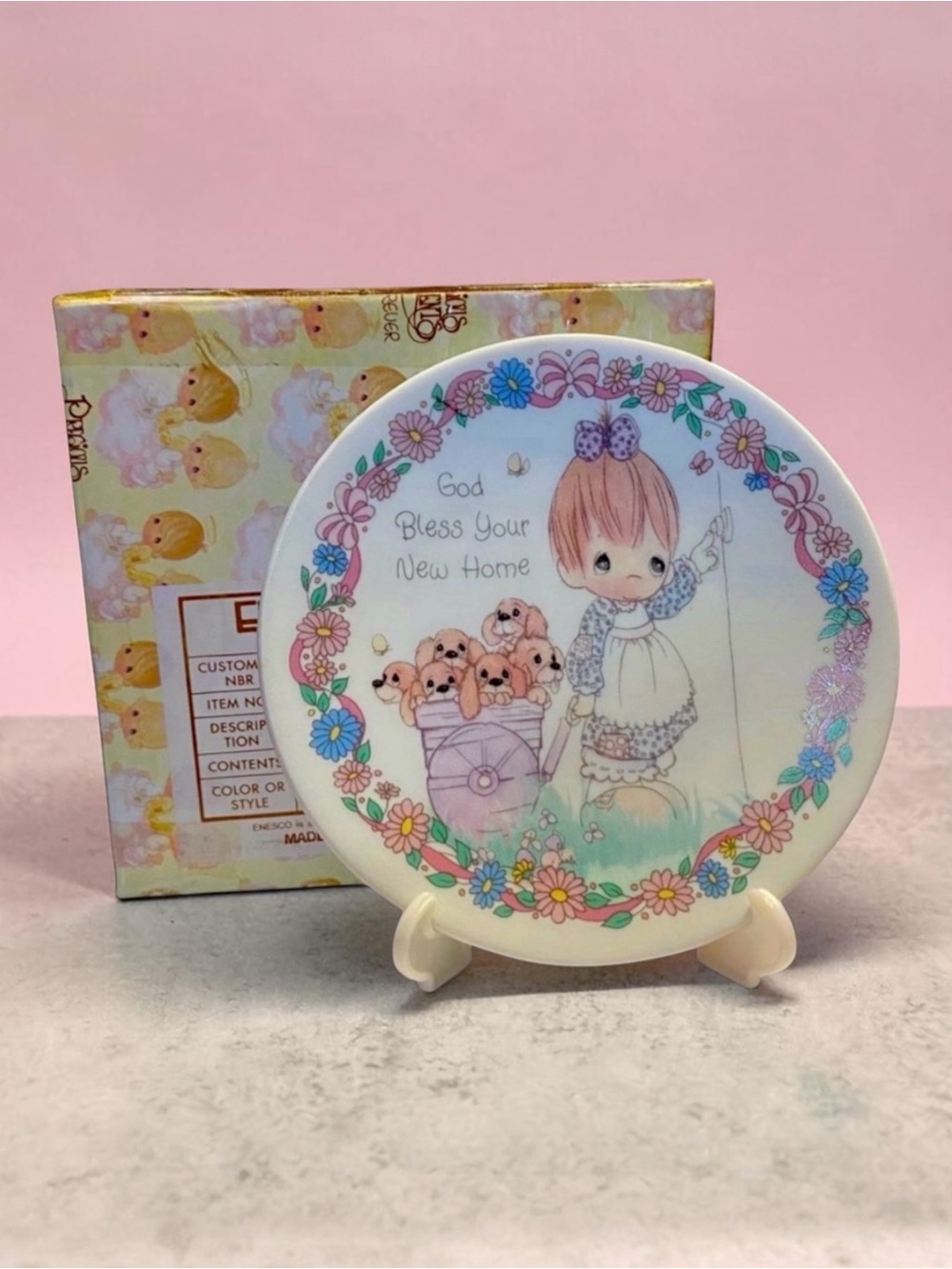 Vintage Precious Moments God Bless Your New Home 4” Plate with Easel